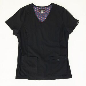 Koi Basics Scrub Top Womens Medium Black Mock Wrap V-Neck Short Sleeve Pockets